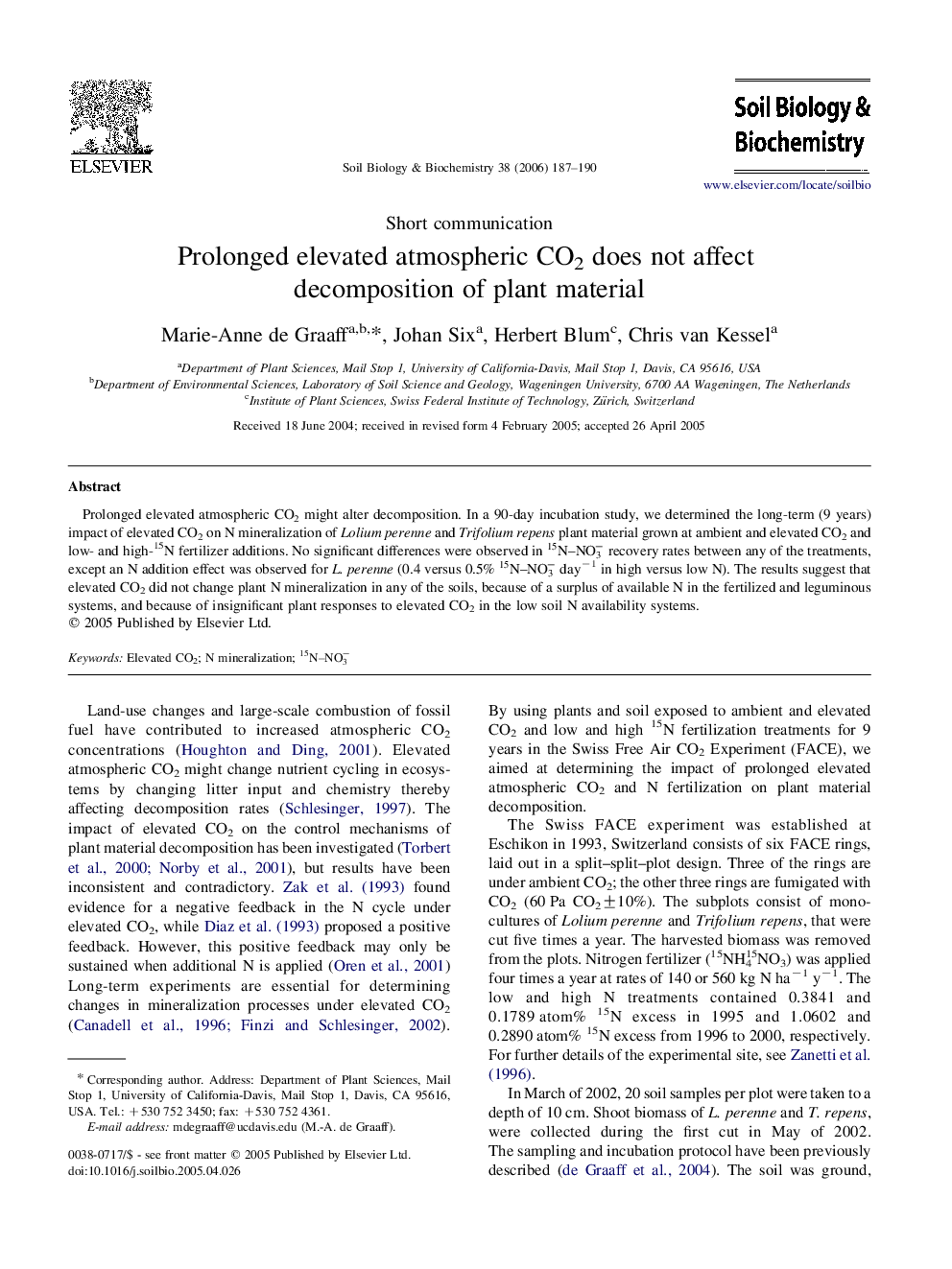 Prolonged elevated atmospheric CO2 does not affect decomposition of plant material