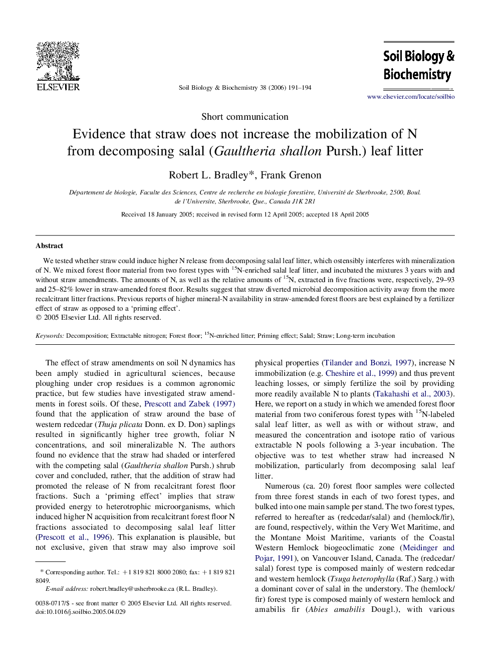 Evidence that straw does not increase the mobilization of N from decomposing salal (Gaultheria shallon Pursh.) leaf litter