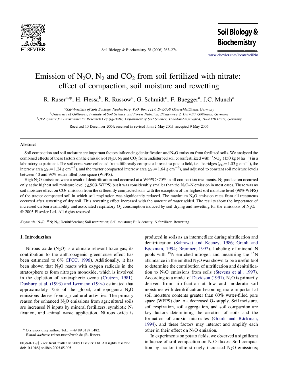 Emission of N2O, N2 and CO2 from soil fertilized with nitrate: effect of compaction, soil moisture and rewetting