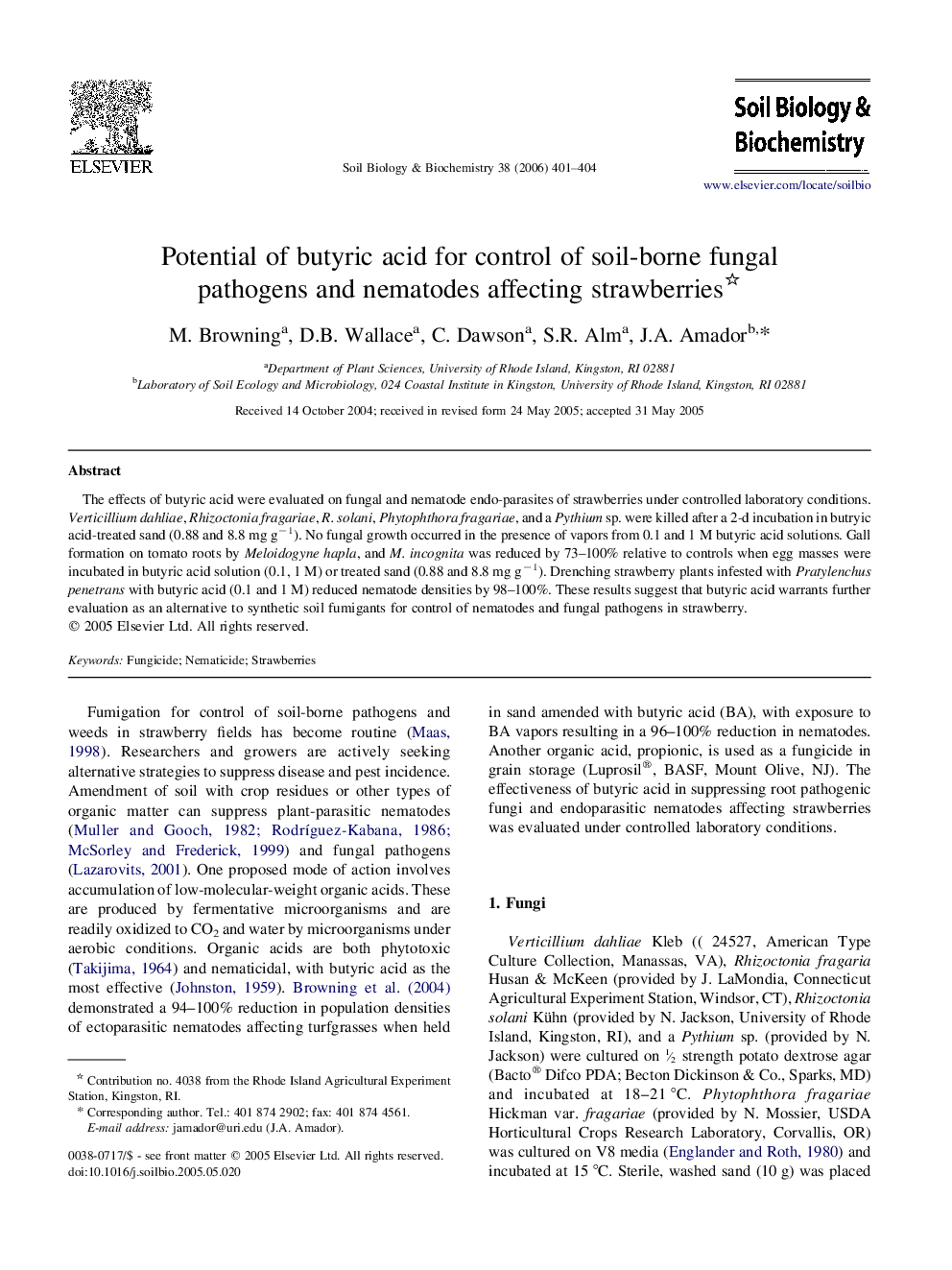 Potential of butyric acid for control of soil-borne fungal pathogens and nematodes affecting strawberries 