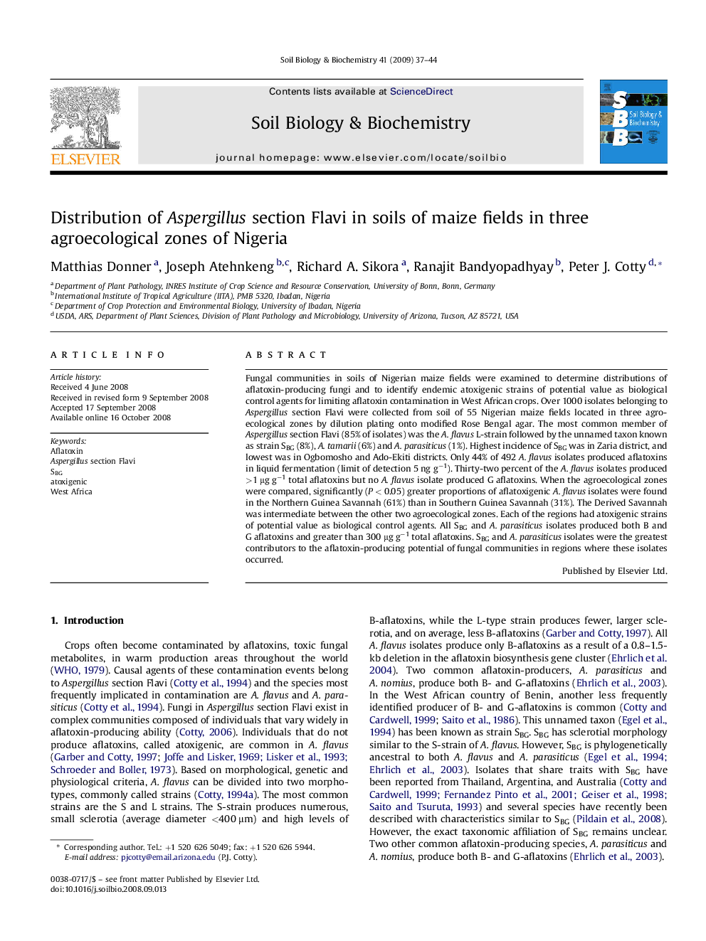 Distribution of Aspergillus section Flavi in soils of maize fields in three agroecological zones of Nigeria