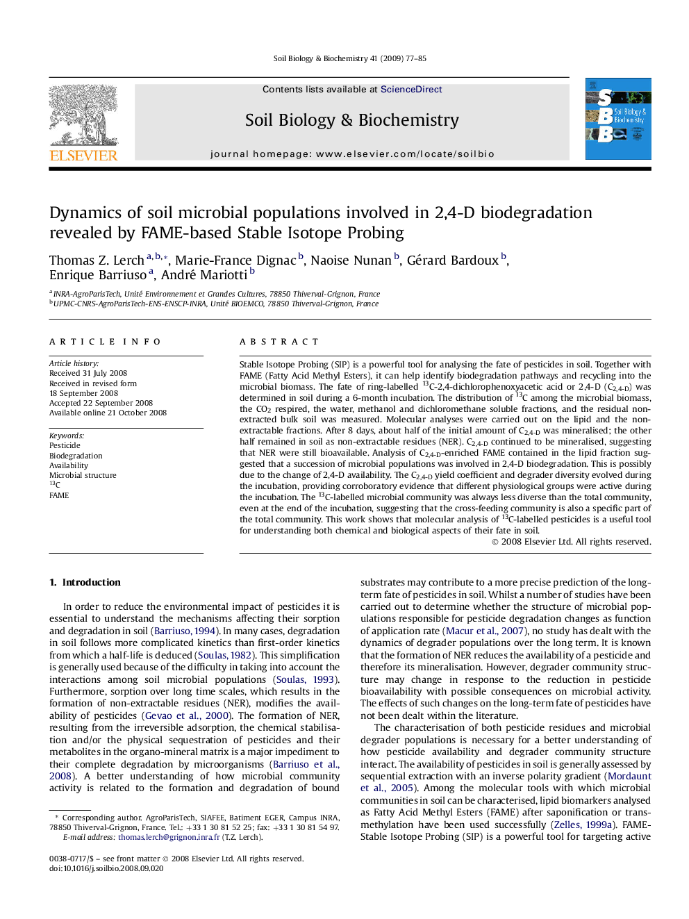 Dynamics of soil microbial populations involved in 2,4-D biodegradation revealed by FAME-based Stable Isotope Probing