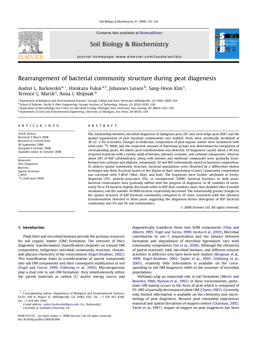 Rearrangement of bacterial community structure during peat diagenesis