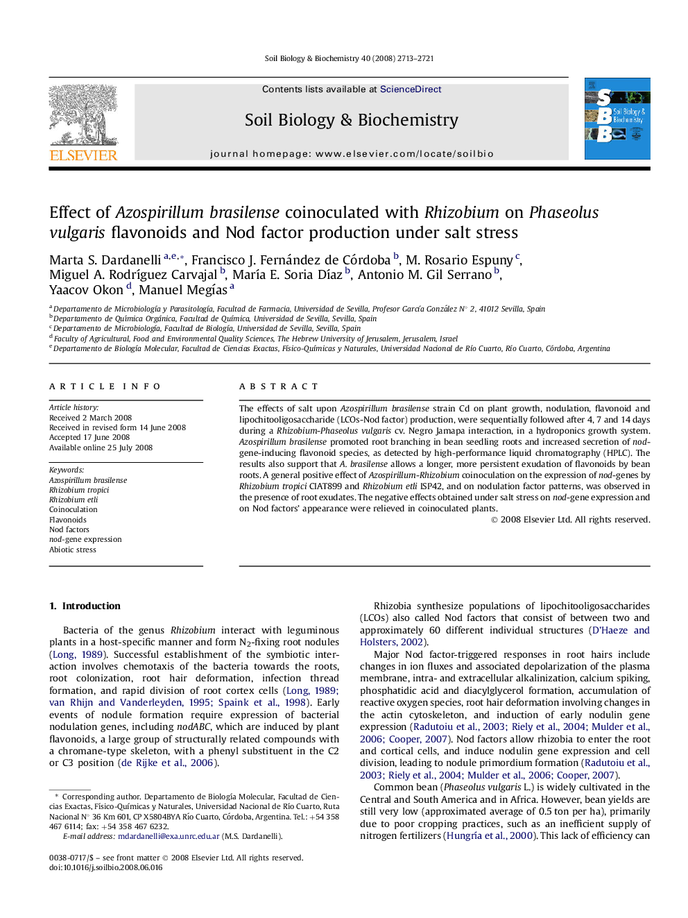 Effect of Azospirillum brasilense coinoculated with Rhizobium on Phaseolus vulgaris flavonoids and Nod factor production under salt stress