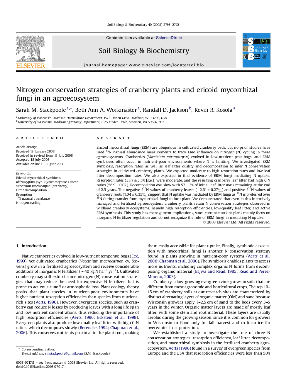 Nitrogen conservation strategies of cranberry plants and ericoid mycorrhizal fungi in an agroecosystem