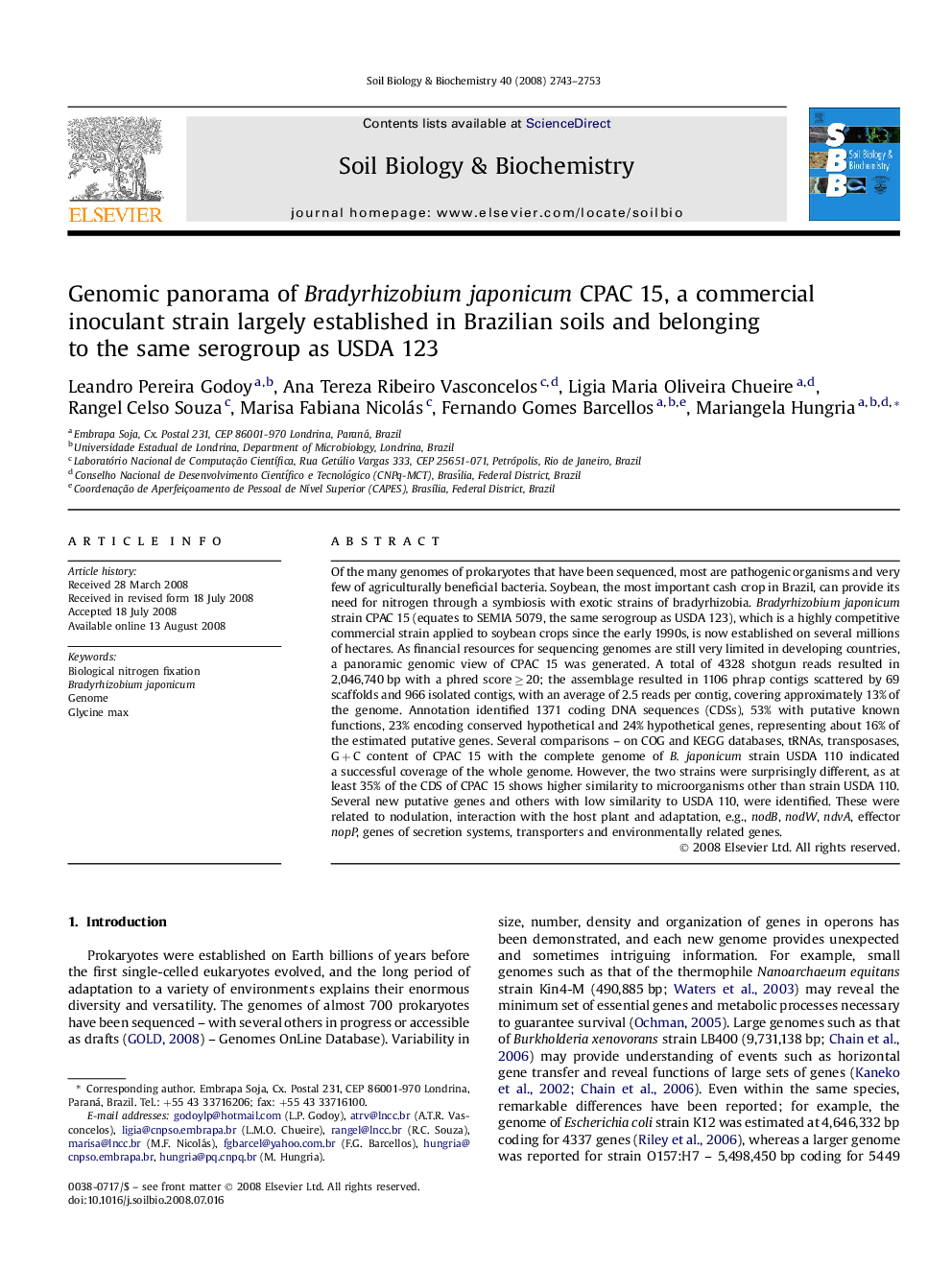 Genomic panorama of Bradyrhizobium japonicum CPAC 15, a commercial inoculant strain largely established in Brazilian soils and belonging to the same serogroup as USDA 123