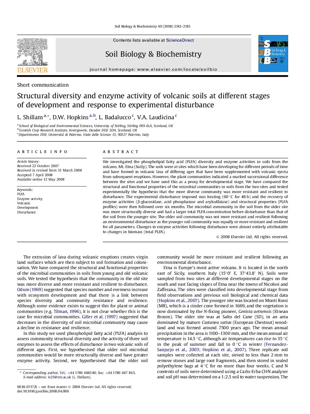 Structural diversity and enzyme activity of volcanic soils at different stages of development and response to experimental disturbance