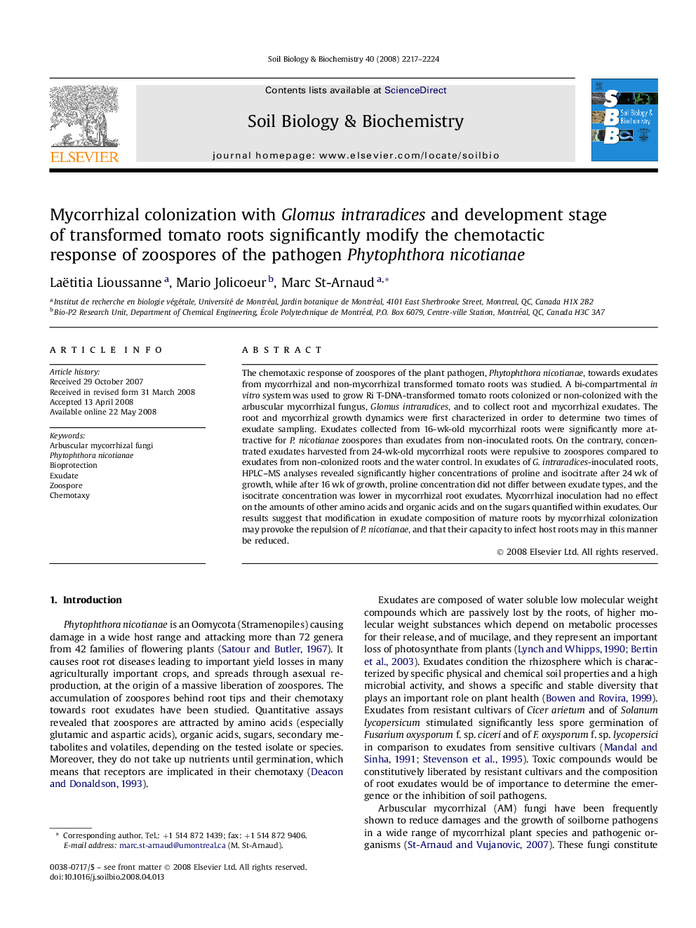 Mycorrhizal colonization with Glomus intraradices and development stage of transformed tomato roots significantly modify the chemotactic response of zoospores of the pathogen Phytophthora nicotianae