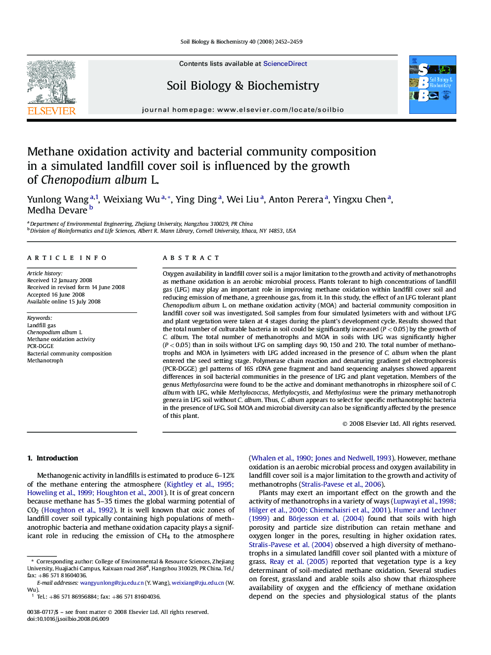 Methane oxidation activity and bacterial community composition in a simulated landfill cover soil is influenced by the growth of Chenopodium album L.