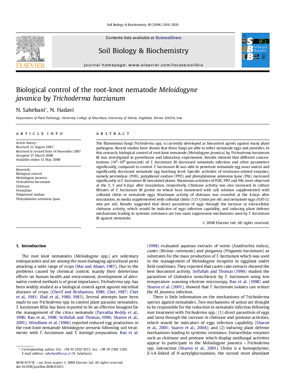 Biological control of the root-knot nematode Meloidogyne javanica by Trichoderma harzianum