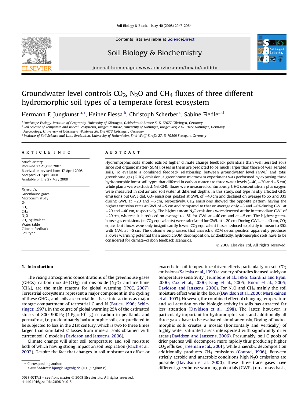 Groundwater level controls CO2, N2O and CH4 fluxes of three different hydromorphic soil types of a temperate forest ecosystem