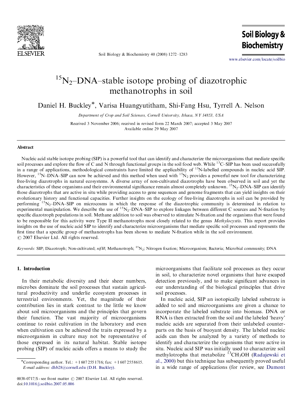 15N2–DNA–stable isotope probing of diazotrophic methanotrophs in soil