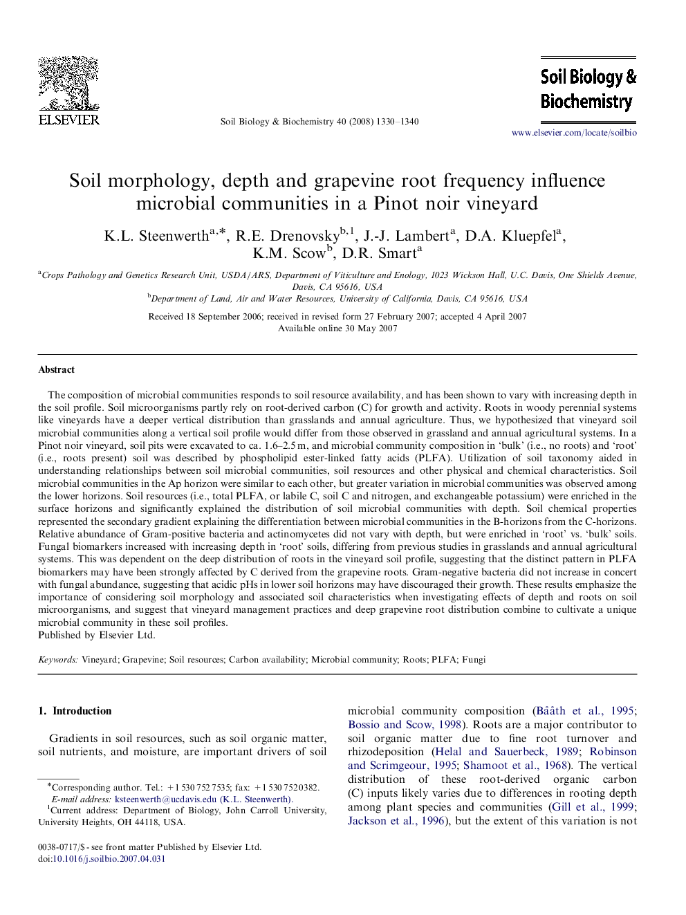 Soil morphology, depth and grapevine root frequency influence microbial communities in a Pinot noir vineyard