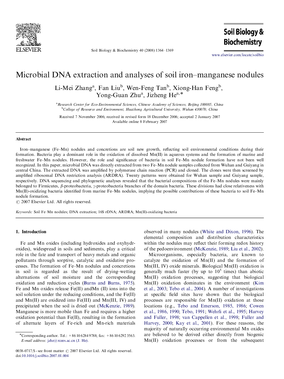 Microbial DNA extraction and analyses of soil iron–manganese nodules