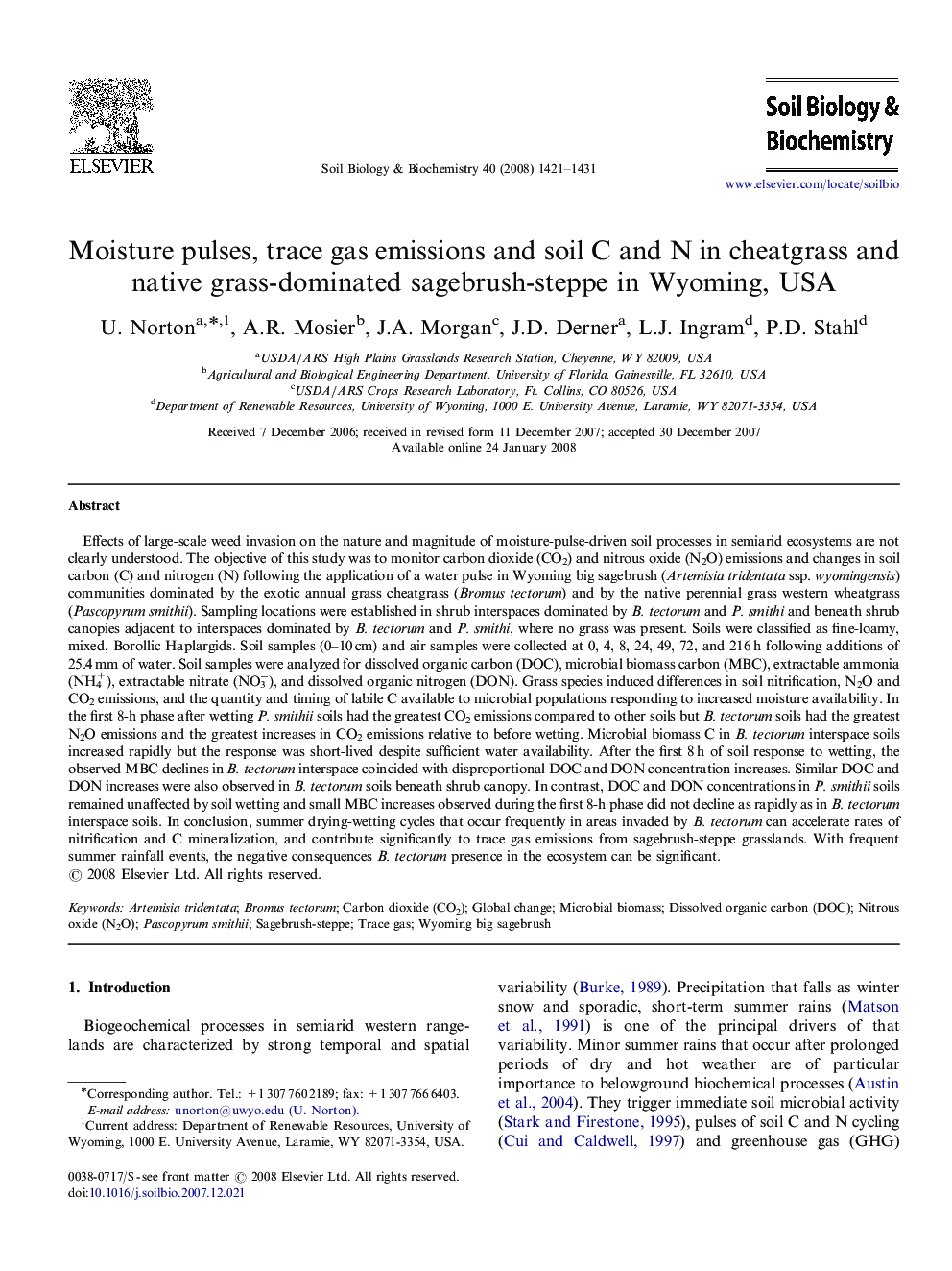 Moisture pulses, trace gas emissions and soil C and N in cheatgrass and native grass-dominated sagebrush-steppe in Wyoming, USA