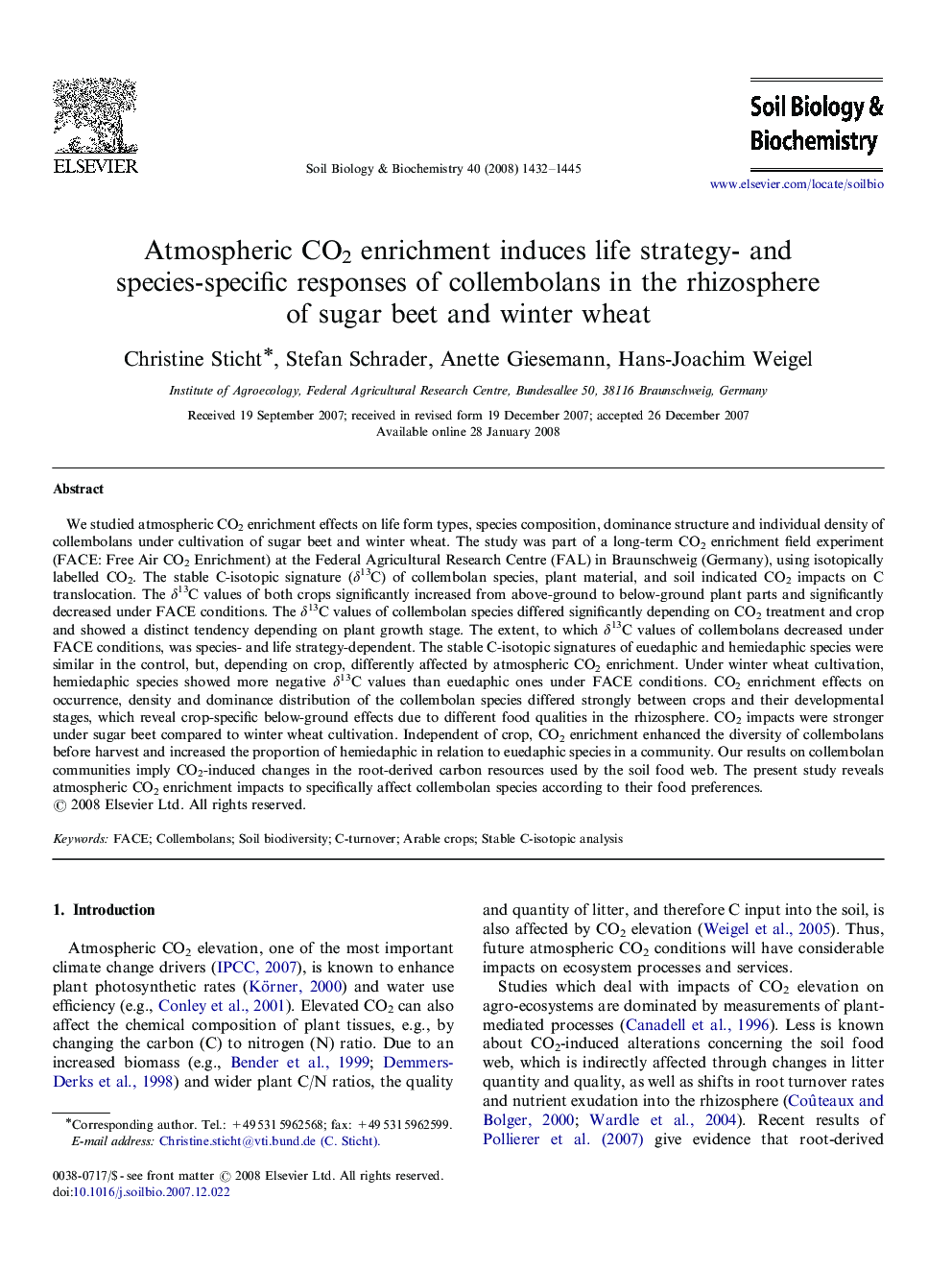 Atmospheric CO2 enrichment induces life strategy- and species-specific responses of collembolans in the rhizosphere of sugar beet and winter wheat