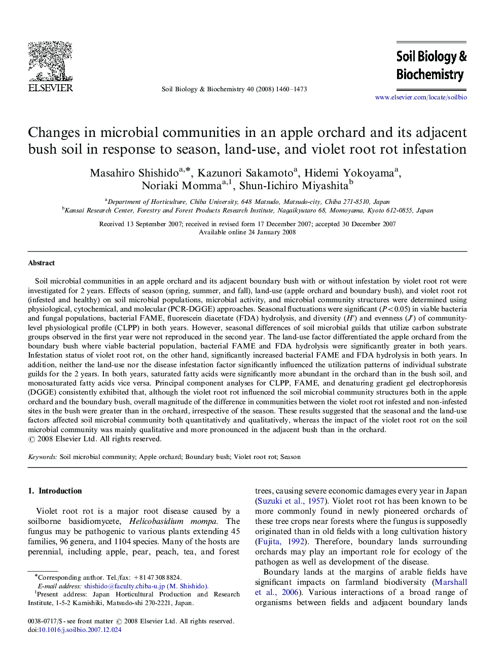 Changes in microbial communities in an apple orchard and its adjacent bush soil in response to season, land-use, and violet root rot infestation