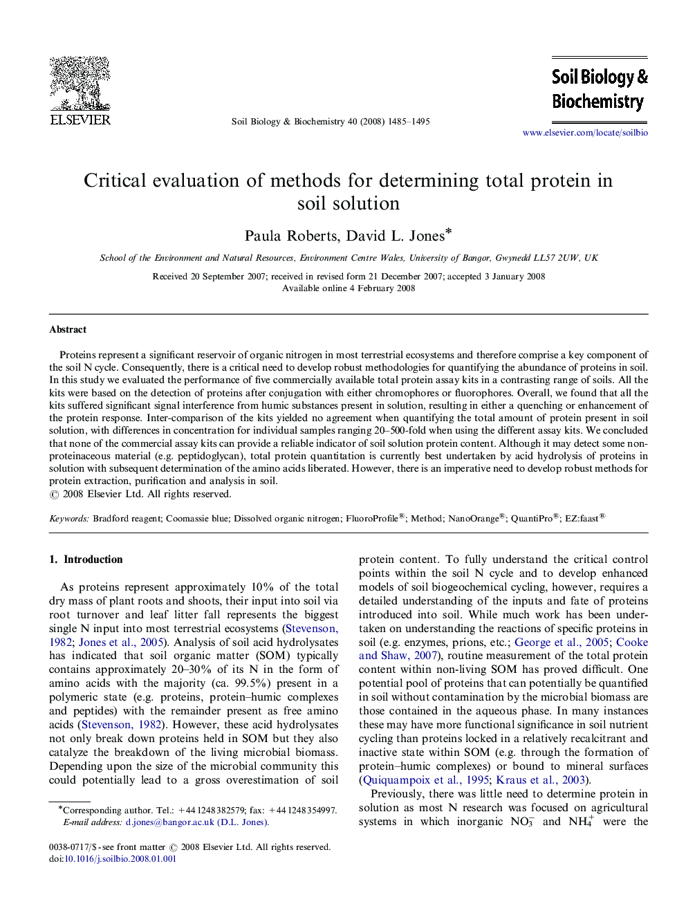 Critical evaluation of methods for determining total protein in soil solution
