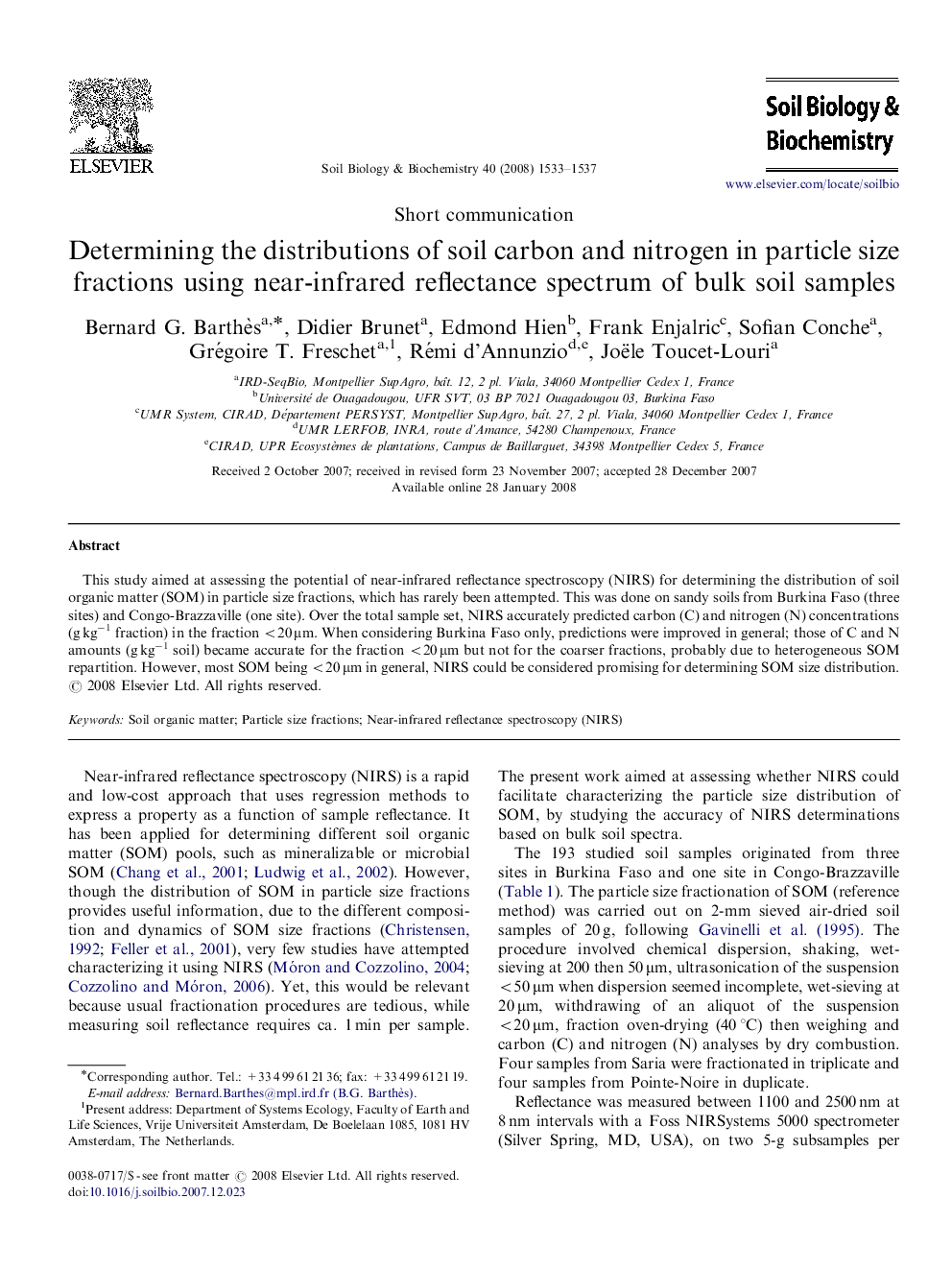 Determining the distributions of soil carbon and nitrogen in particle size fractions using near-infrared reflectance spectrum of bulk soil samples