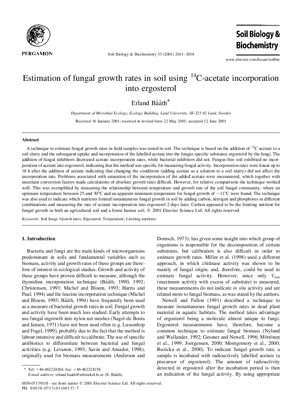 Estimation of fungal growth rates in soil using 14C-acetate incorporation into ergosterol