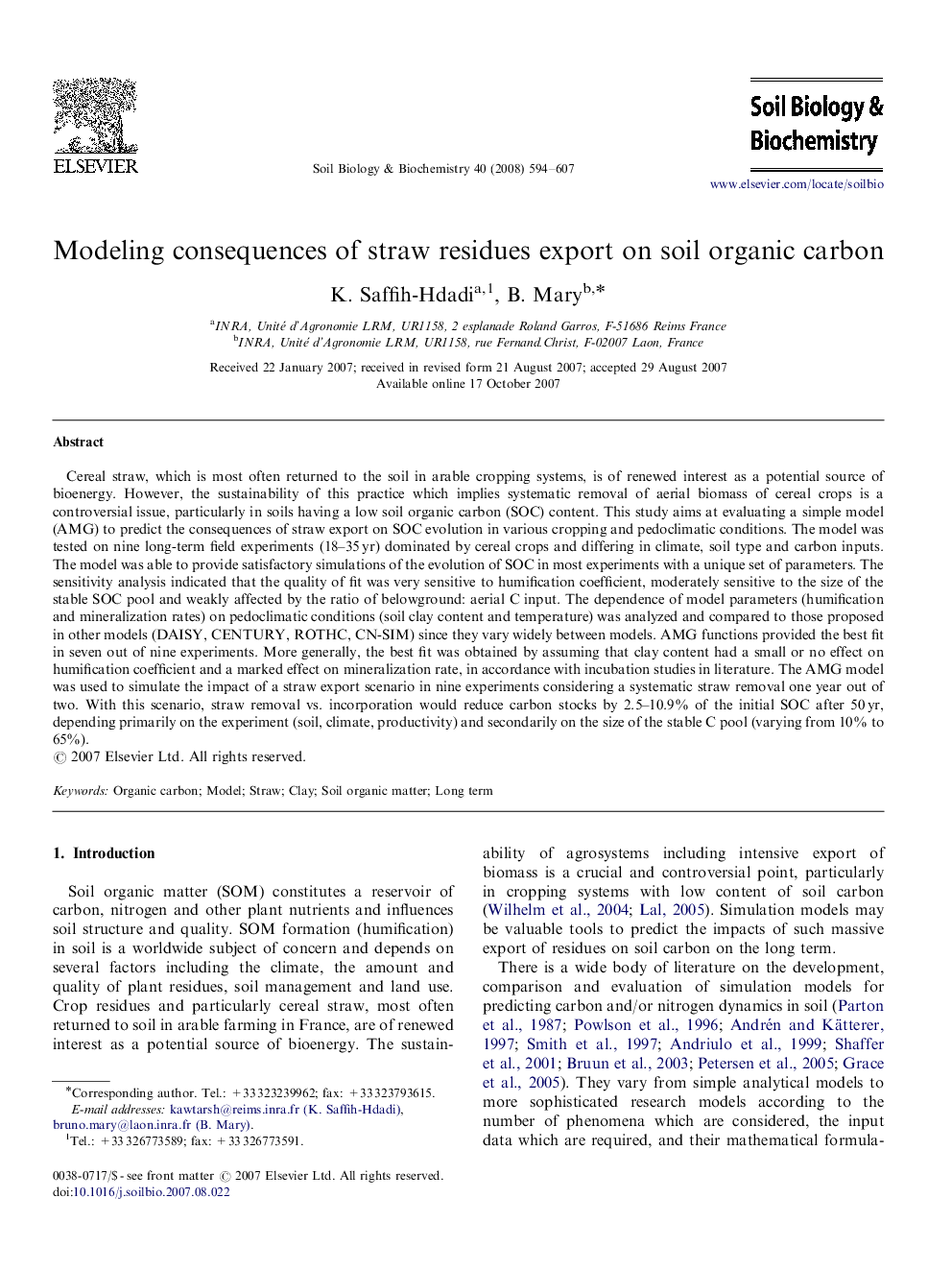 Modeling consequences of straw residues export on soil organic carbon