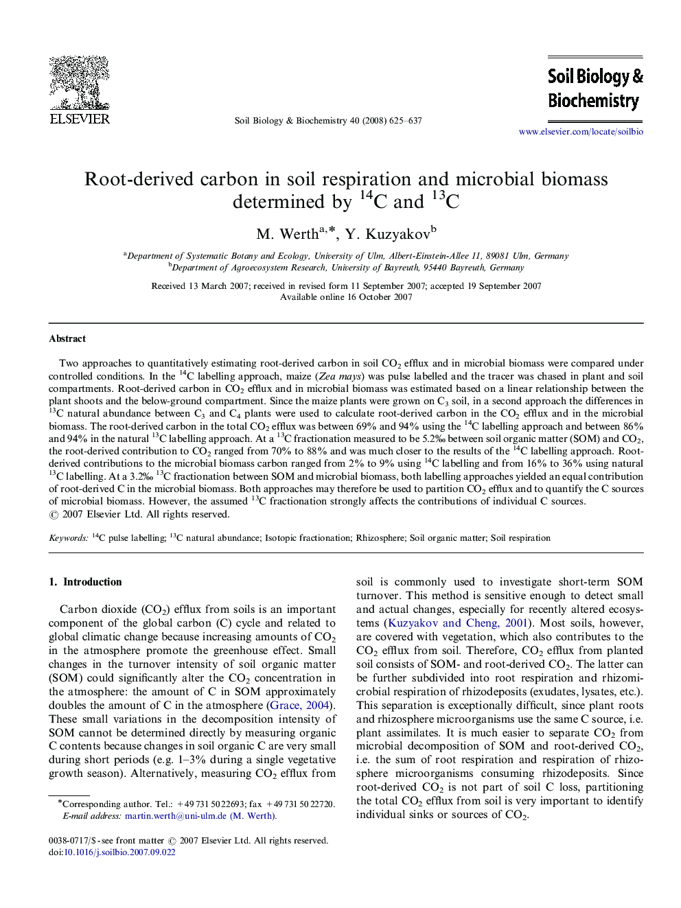 Root-derived carbon in soil respiration and microbial biomass determined by 14C and 13C