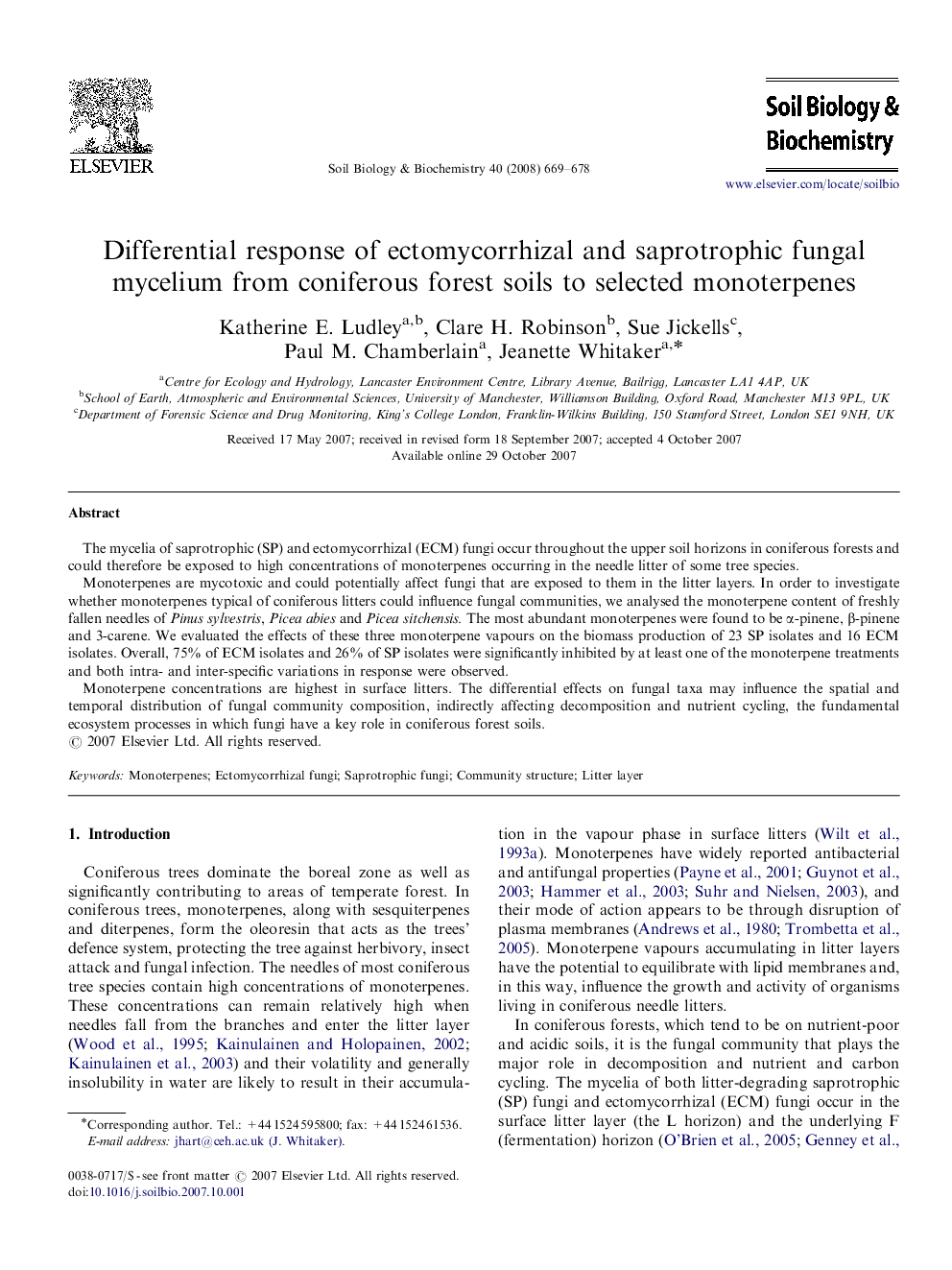 Differential response of ectomycorrhizal and saprotrophic fungal mycelium from coniferous forest soils to selected monoterpenes