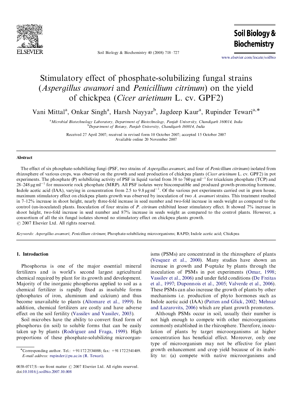 Stimulatory effect of phosphate-solubilizing fungal strains (Aspergillus awamori and Penicillium citrinum) on the yield of chickpea (Cicer arietinum L. cv. GPF2)