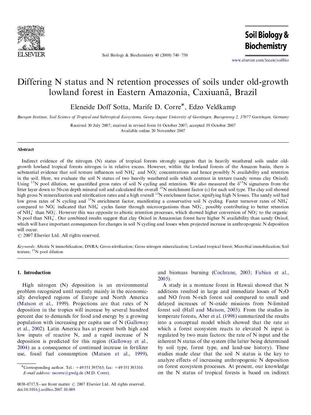 Differing N status and N retention processes of soils under old-growth lowland forest in Eastern Amazonia, CaxiuanÃ£, Brazil