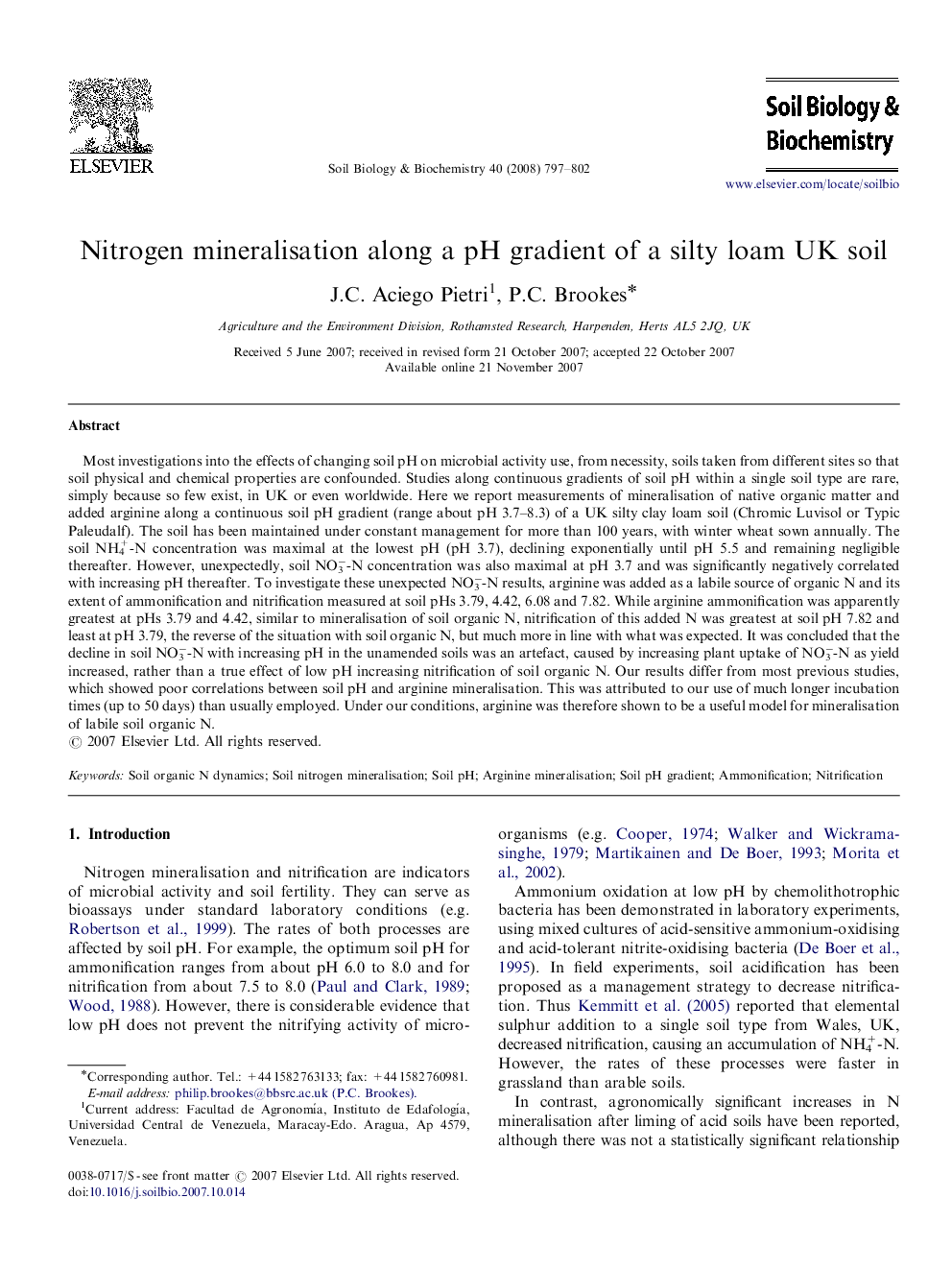 Nitrogen mineralisation along a pH gradient of a silty loam UK soil