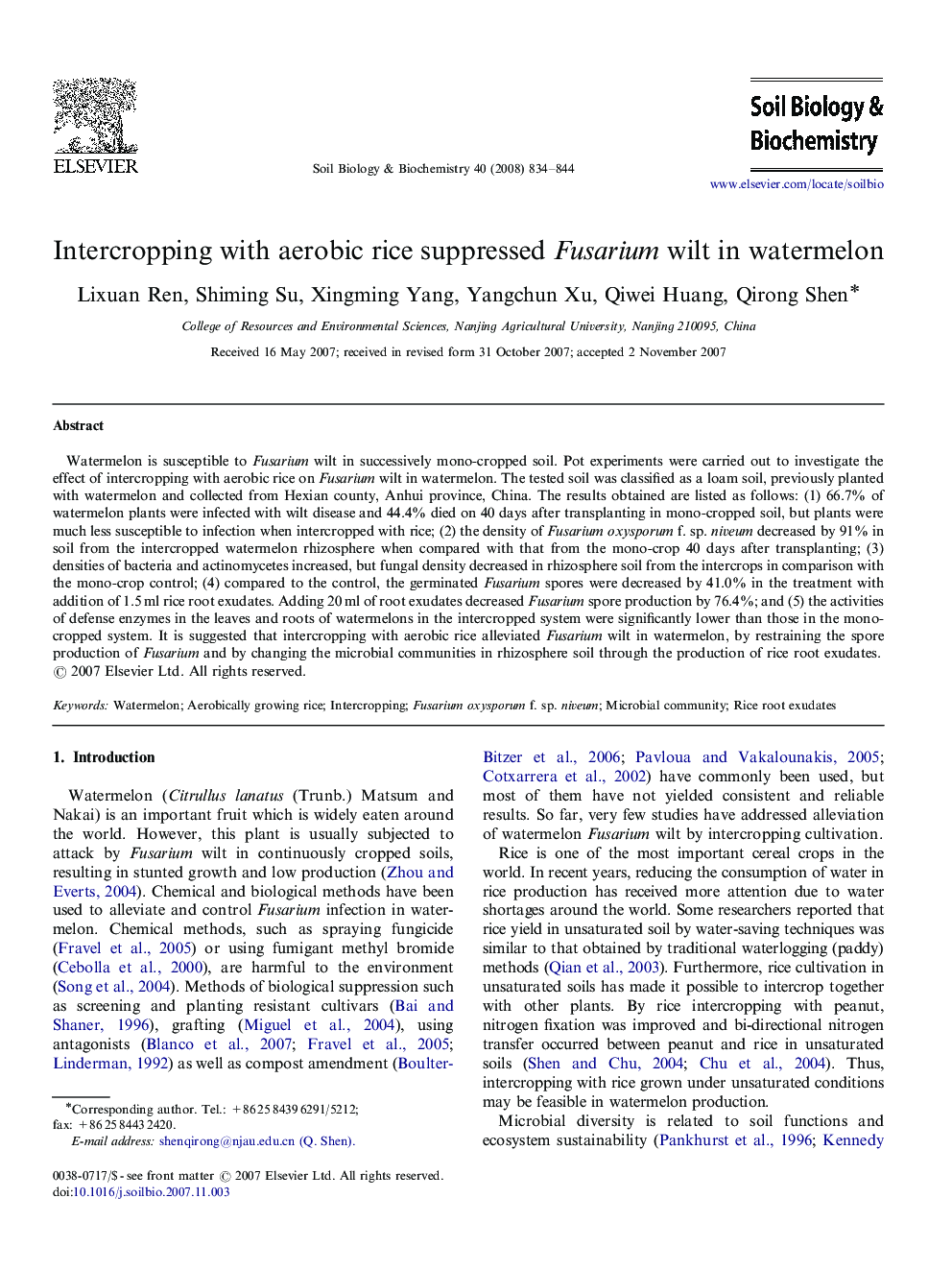 Intercropping with aerobic rice suppressed Fusarium wilt in watermelon