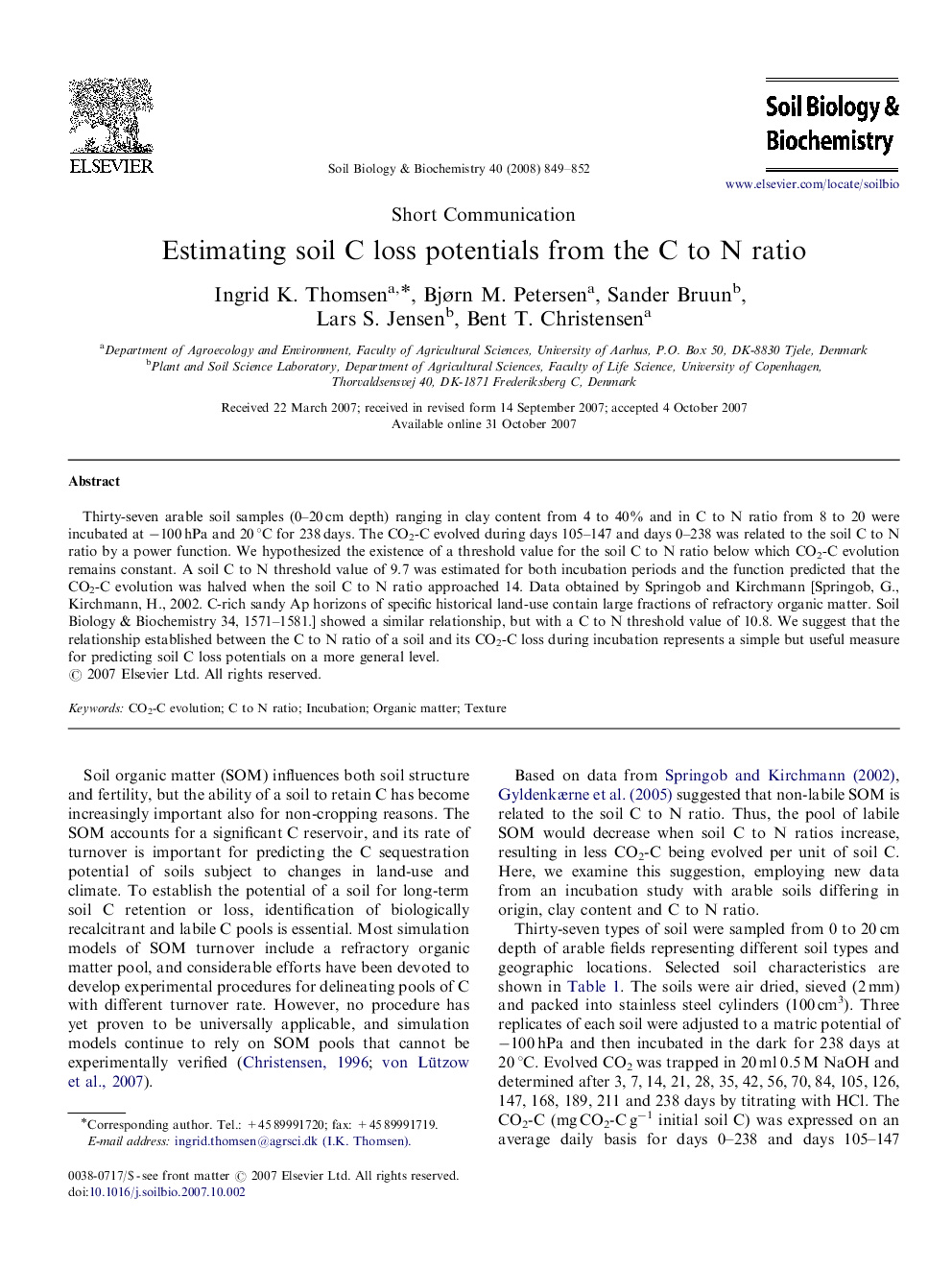 Estimating soil C loss potentials from the C to N ratio