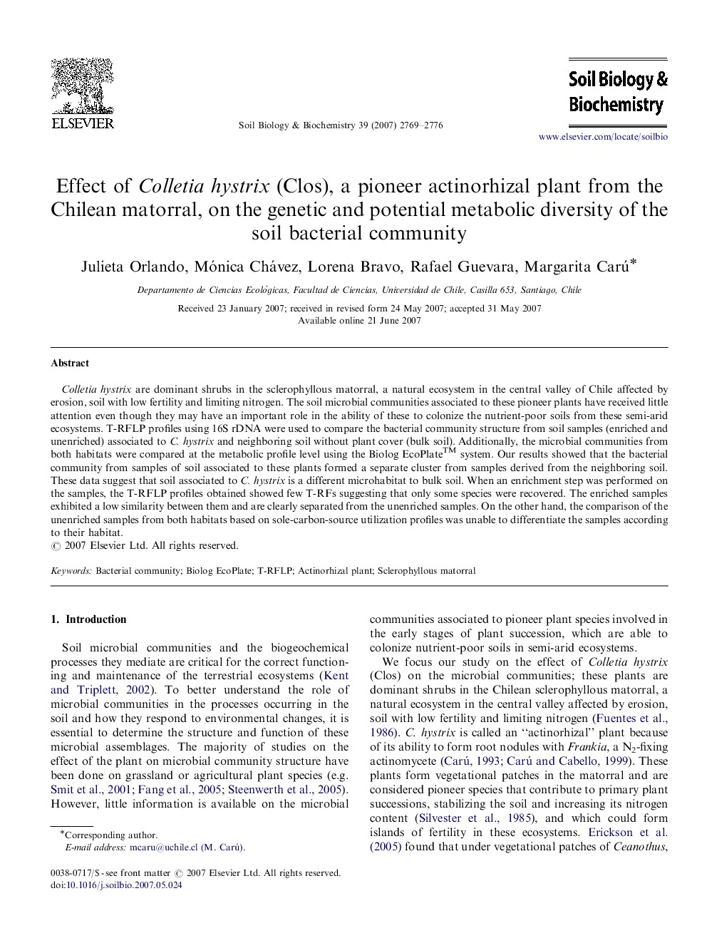 Effect of Colletia hystrix (Clos), a pioneer actinorhizal plant from the Chilean matorral, on the genetic and potential metabolic diversity of the soil bacterial community
