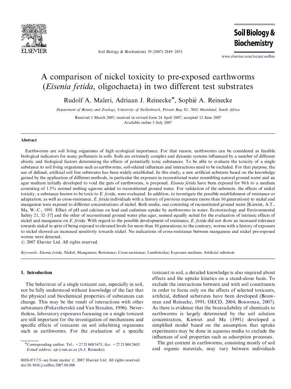 A comparison of nickel toxicity to pre-exposed earthworms (Eisenia fetida, oligochaeta) in two different test substrates