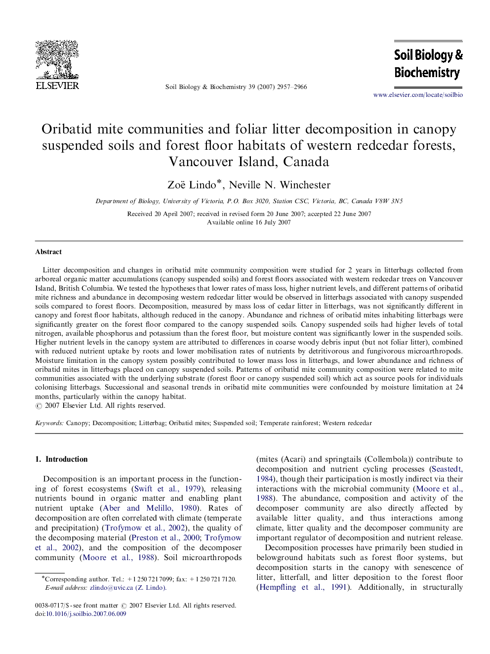 Oribatid mite communities and foliar litter decomposition in canopy suspended soils and forest floor habitats of western redcedar forests, Vancouver Island, Canada