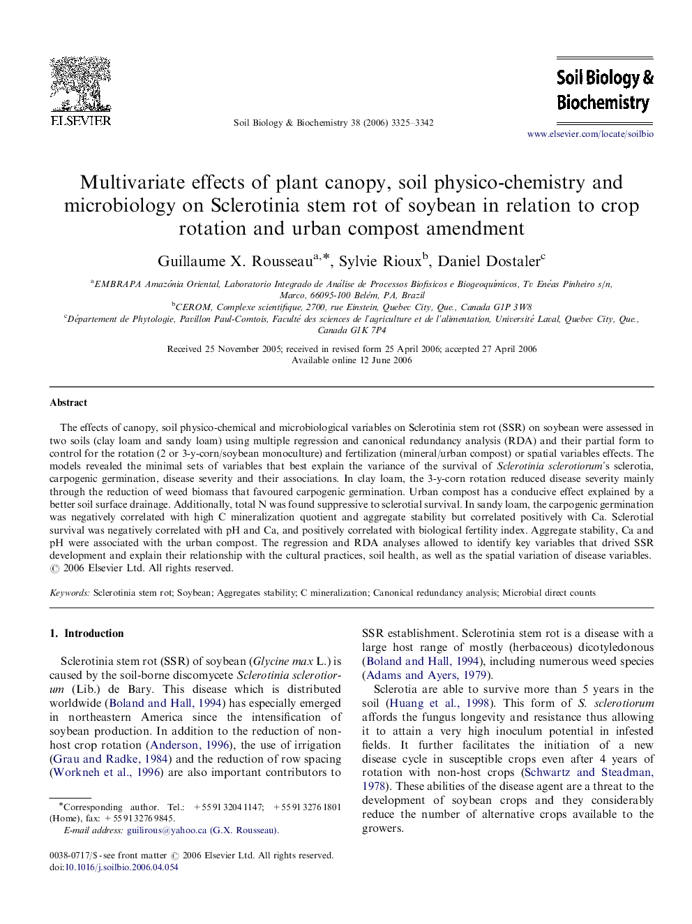 Multivariate effects of plant canopy, soil physico-chemistry and microbiology on Sclerotinia stem rot of soybean in relation to crop rotation and urban compost amendment