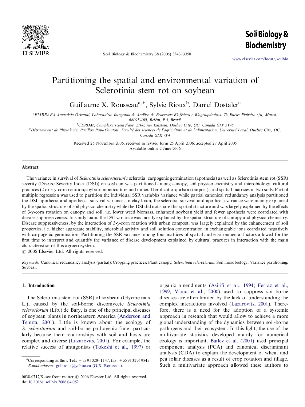 Partitioning the spatial and environmental variation of Sclerotinia stem rot on soybean