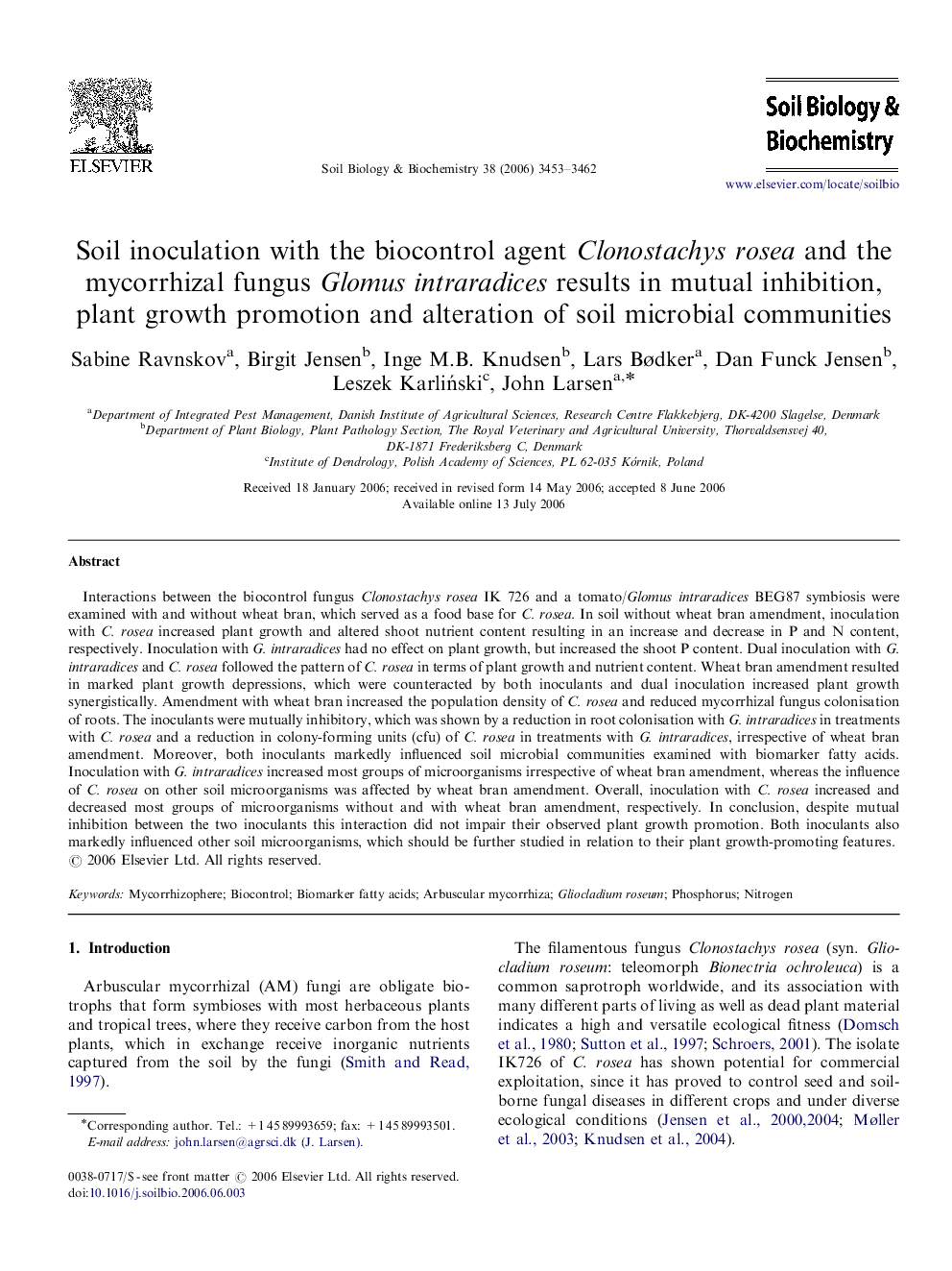 Soil inoculation with the biocontrol agent Clonostachys rosea and the mycorrhizal fungus Glomus intraradices results in mutual inhibition, plant growth promotion and alteration of soil microbial communities