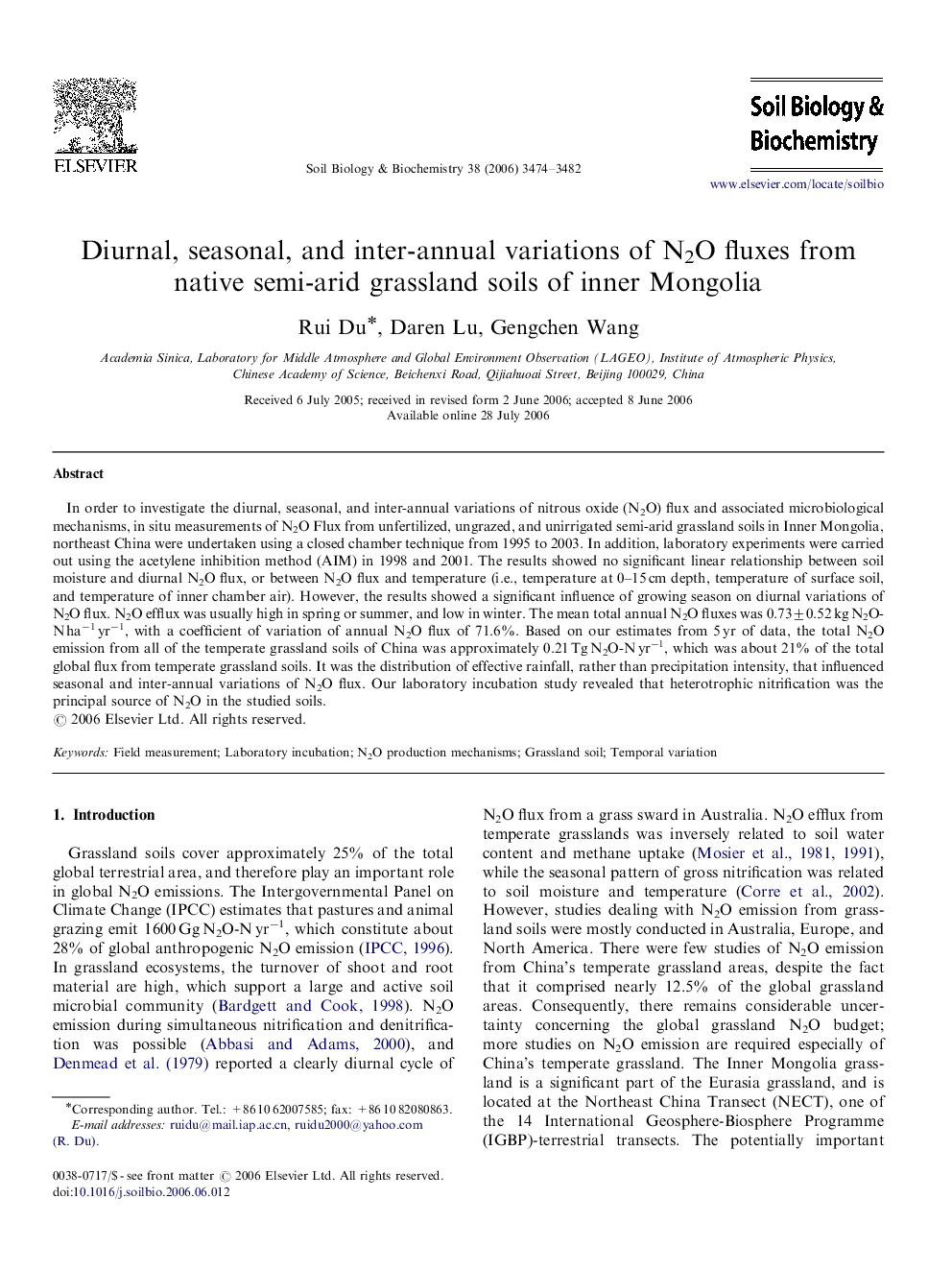 Diurnal, seasonal, and inter-annual variations of N2O fluxes from native semi-arid grassland soils of inner Mongolia