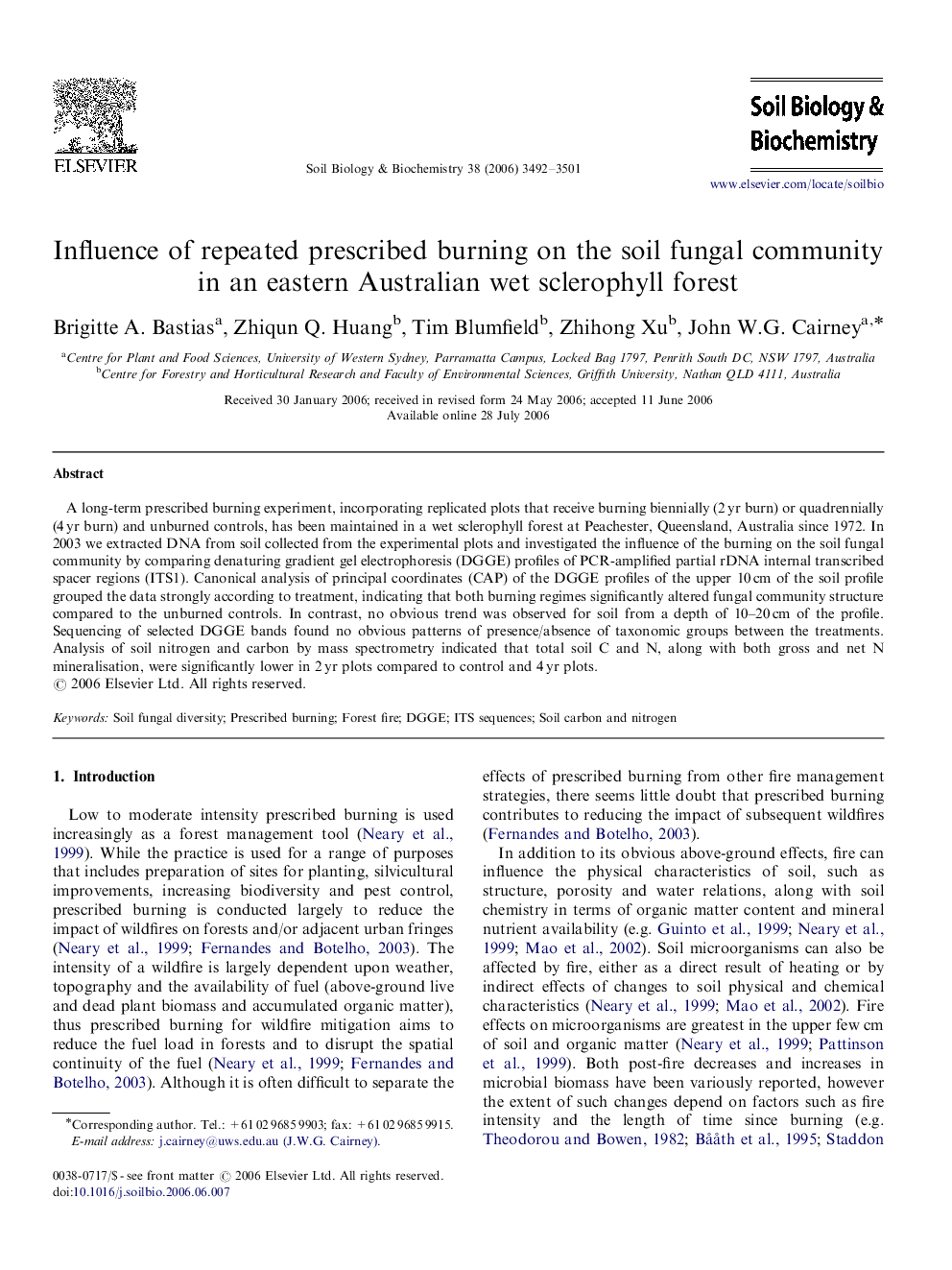 Influence of repeated prescribed burning on the soil fungal community in an eastern Australian wet sclerophyll forest