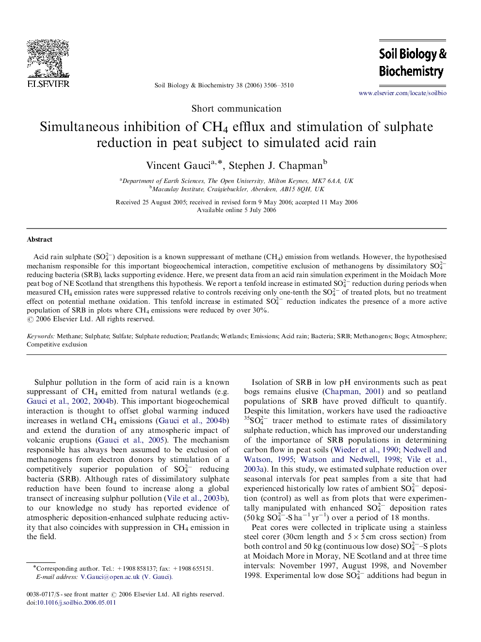 Simultaneous inhibition of CH4 efflux and stimulation of sulphate reduction in peat subject to simulated acid rain