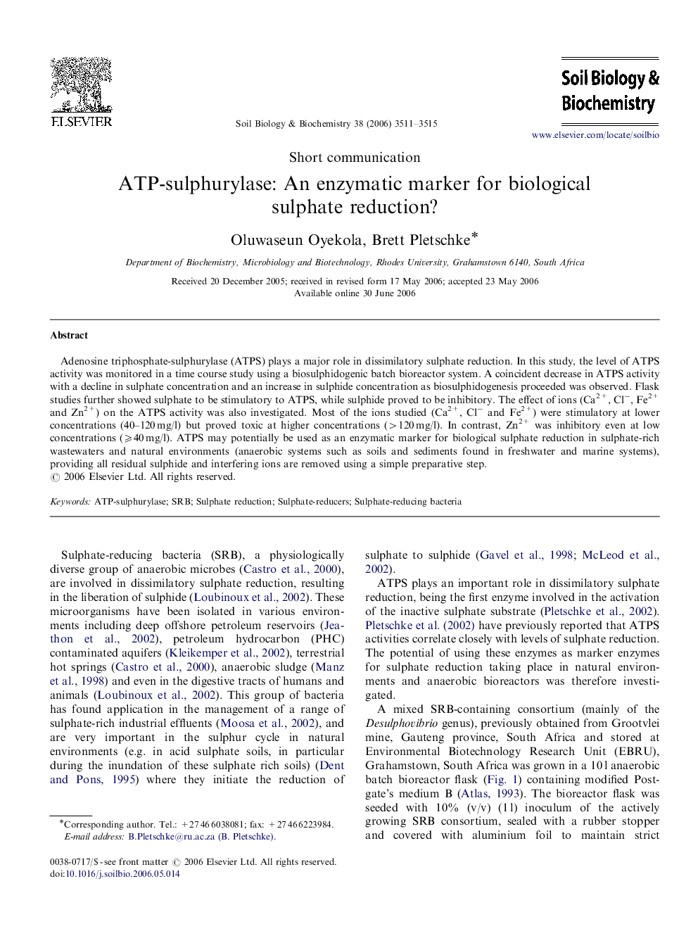 ATP-sulphurylase: An enzymatic marker for biological sulphate reduction?