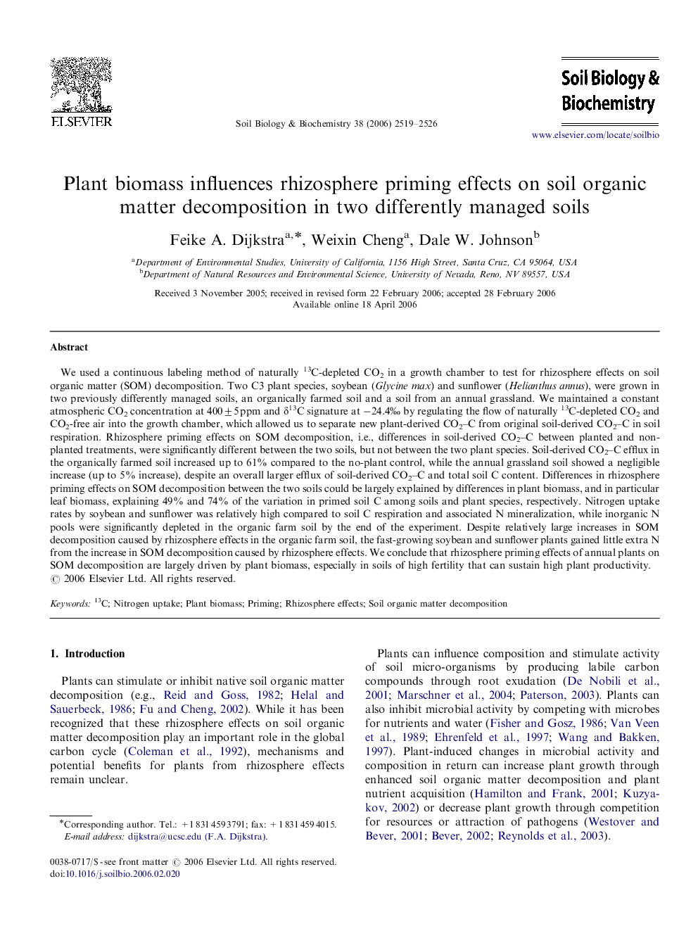 Plant biomass influences rhizosphere priming effects on soil organic matter decomposition in two differently managed soils