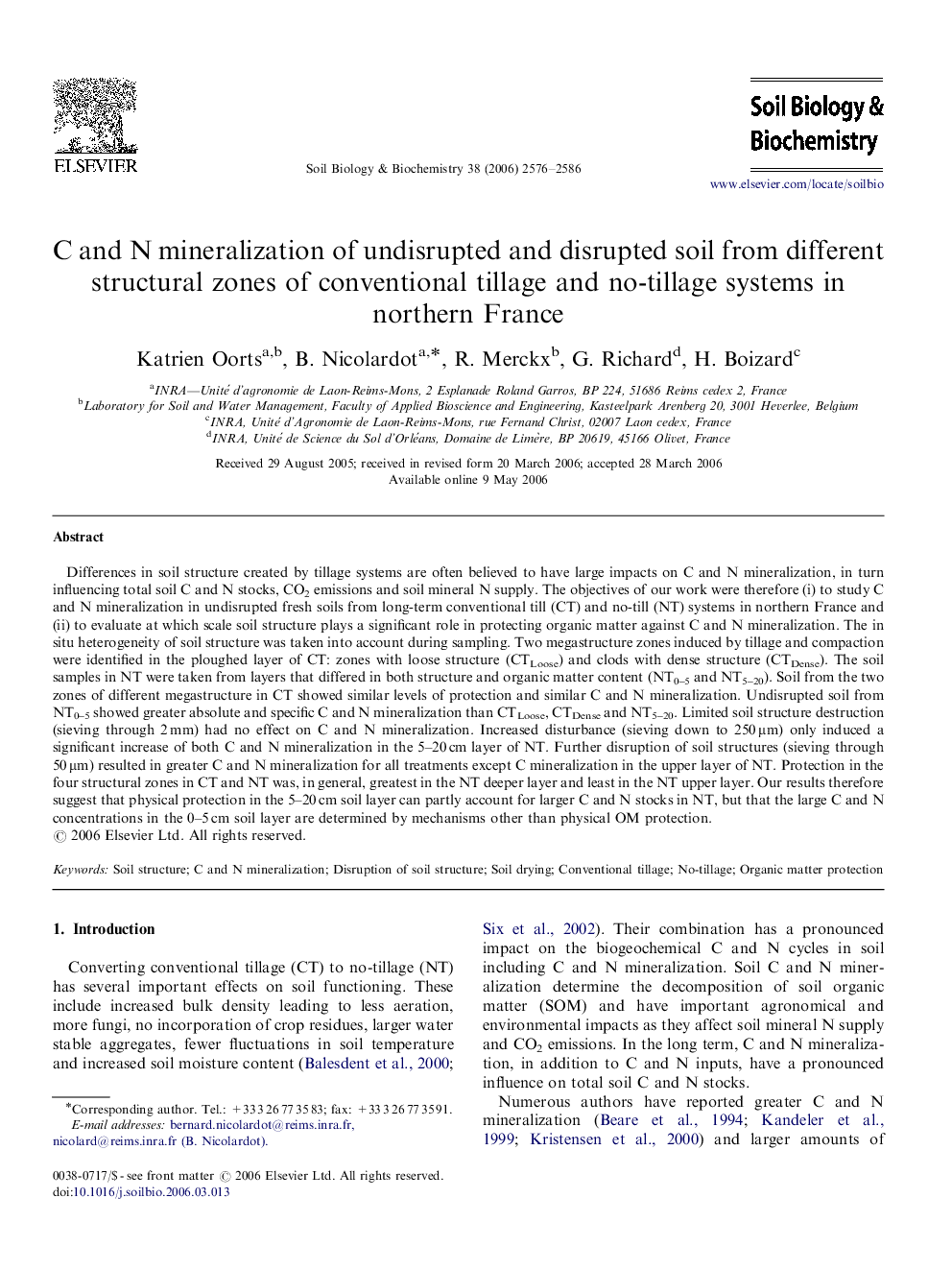 C and N mineralization of undisrupted and disrupted soil from different structural zones of conventional tillage and no-tillage systems in northern France