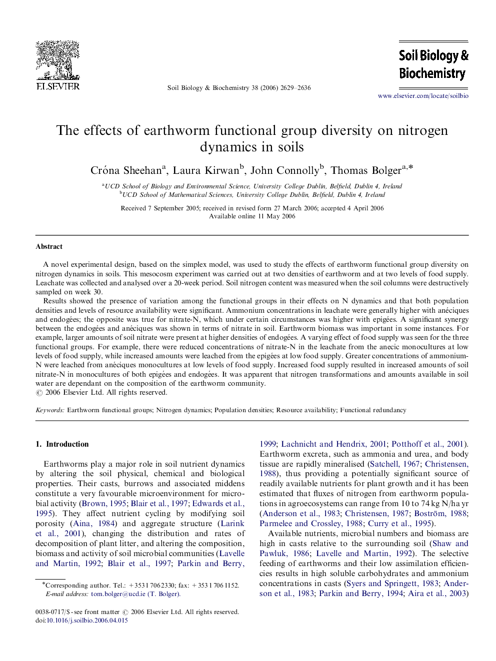 The effects of earthworm functional group diversity on nitrogen dynamics in soils