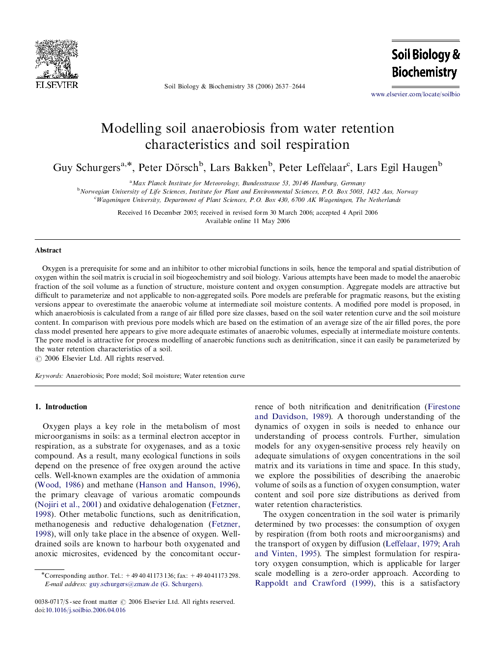 Modelling soil anaerobiosis from water retention characteristics and soil respiration