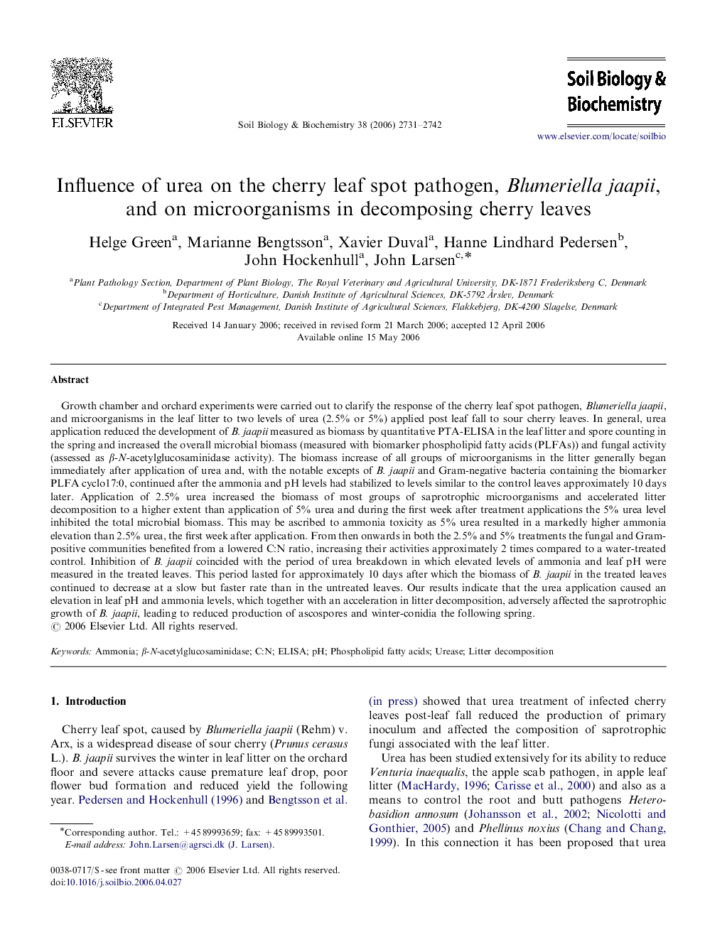 Influence of urea on the cherry leaf spot pathogen, Blumeriella jaapii, and on microorganisms in decomposing cherry leaves