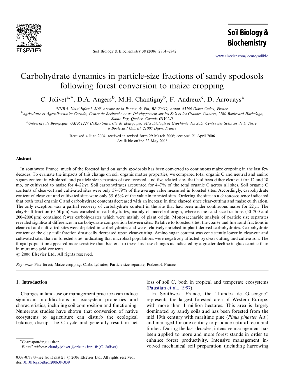 Carbohydrate dynamics in particle-size fractions of sandy spodosols following forest conversion to maize cropping