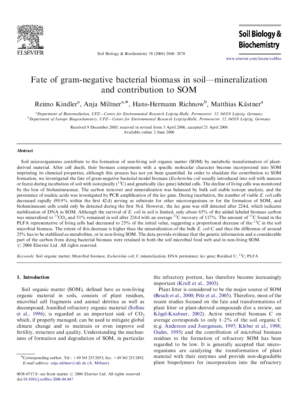 Fate of gram-negative bacterial biomass in soil—mineralization and contribution to SOM