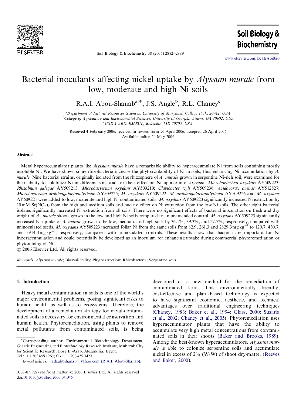 Bacterial inoculants affecting nickel uptake by Alyssum murale from low, moderate and high Ni soils